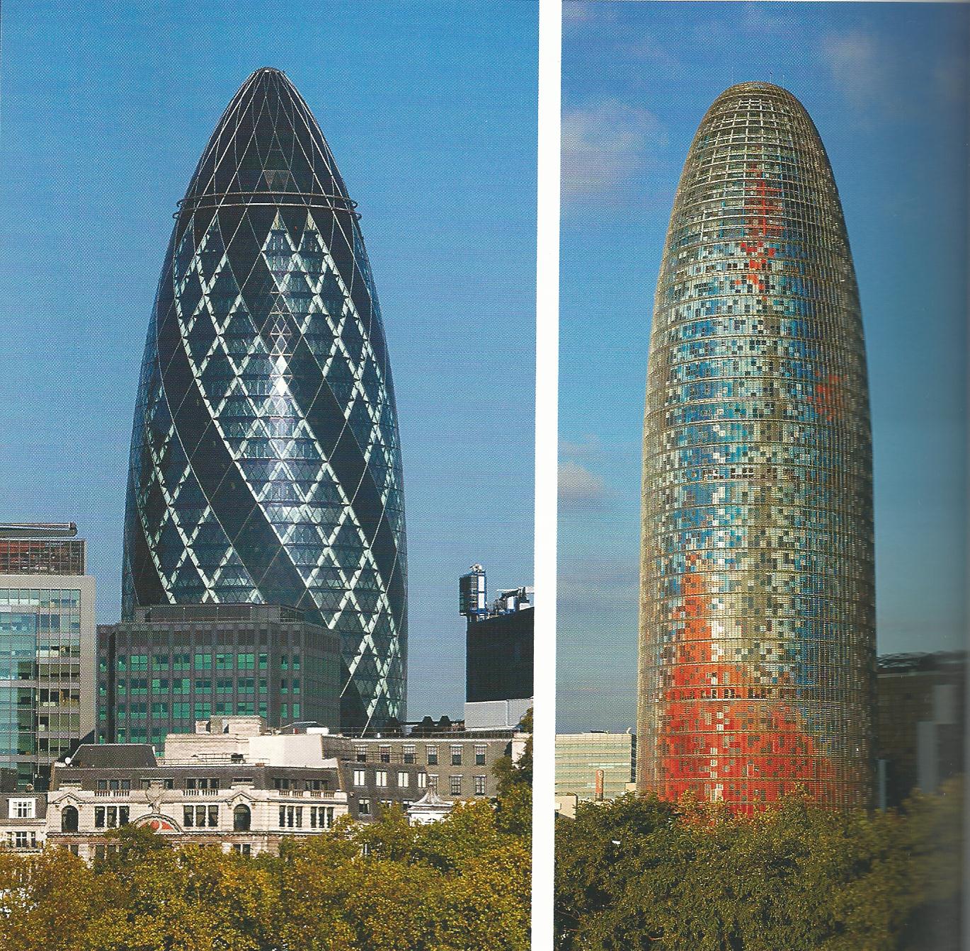 Foster & Partners, Swiss Re Tower, Londra, GB, 2004 - Nouvel, Torre Agbar, Barcellona, 2004